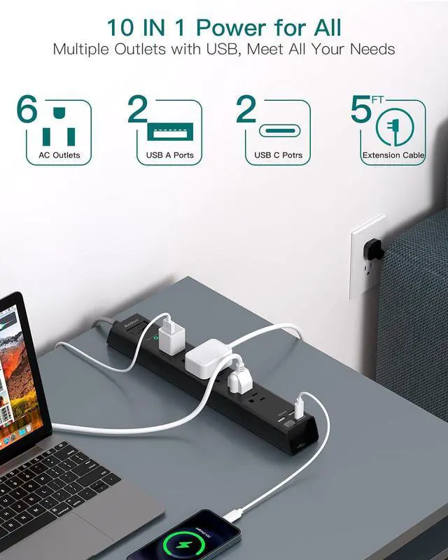 Alt view image 10 of 14 - Surge Protector Power Strip - Extension Cord with 6 AC Outlets 4 USB (2 USB-C Ports), 1875W/15A, Flat Plug with Overload Surge Protection, Outlet Extender for Home Office Dorm Room Essentials