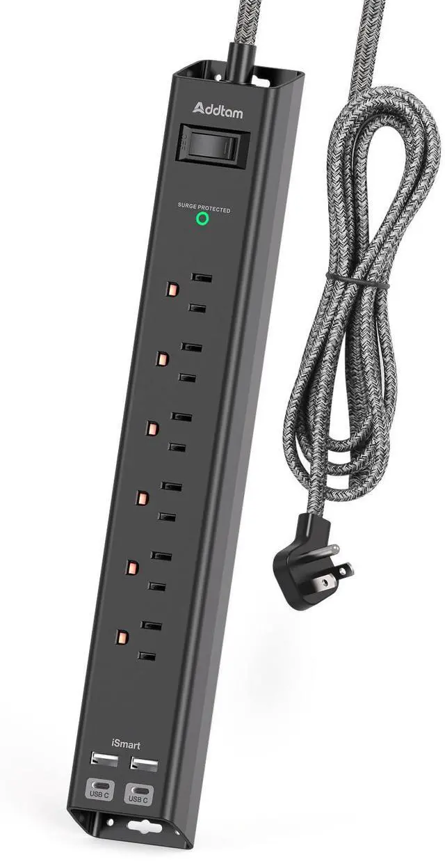 Alt view image 8 of 14 - Surge Protector Power Strip - Extension Cord with 6 AC Outlets 4 USB (2 USB-C Ports), 1875W/15A, Flat Plug with Overload Surge Protection, Outlet Extender for Home Office Dorm Room Essentials