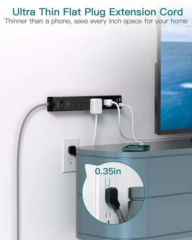 Alt view image 11 of 14 - Surge Protector Power Strip - Extension Cord with 6 AC Outlets 4 USB (2 USB-C Ports), 1875W/15A, Flat Plug with Overload Surge Protection, Outlet Extender for Home Office Dorm Room Essentials