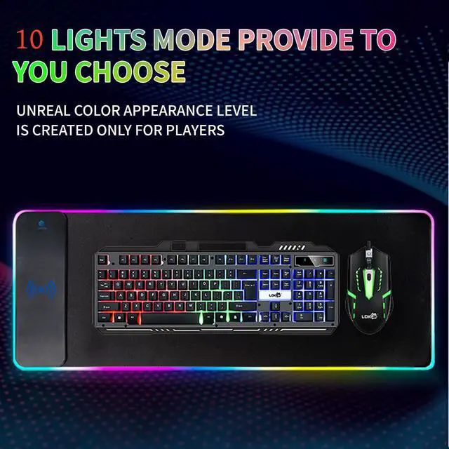Alt view image 9 of 14 - RGB Gaming Mouse Pad with Wireless Charging 15W, LED Mouse Mat 31.5 * 11.8 in, 10 Light Modes Extra Large Mousepad Non-Slip Rubber Base Computer Keyboard Mat for Gaming, MacBook, PC, Laptop, Desk