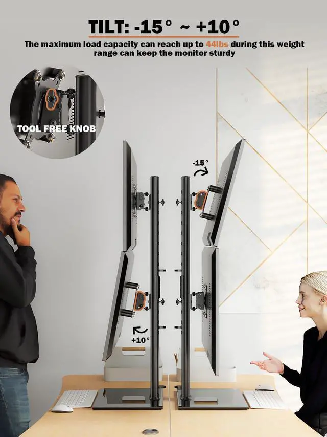 Alt view image 11 of 14 - Dual Monitor Stand - Vertical Stack Screen Free-Standing Monitor Riser Fits Two 13 to 34 Inch Screen with Swivel, Tilt, Height Adjustable, Holds One (1) Screen Up to 44Lbs