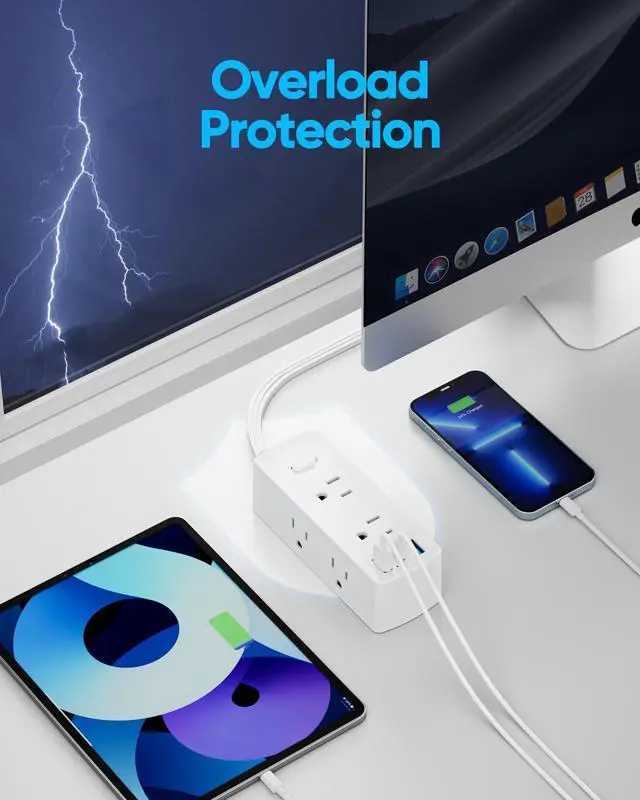Alt view image 13 of 14 - Power Strip Surge Protector, Ultra Thin Flat Plug Extension Cord 5ft, 6 Outlets 3 USB Ports(1 USB C), 3 Sided Outlet Extender for Home Office Travel Dorm Room Essentials, White