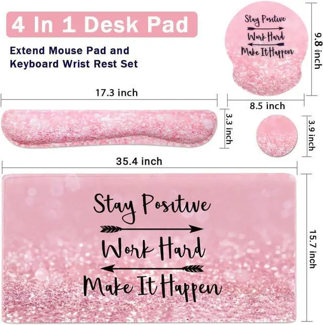 Alt view image 9 of 14 - 4-in-1 Gaming Mouse Pad Wrist Support SetDesk Pad + Mouse Pad with Wrist Rest + Keyboard Wrist Rest + Coaster, Ergonomic Design for Home Office Study Game - Pink Stay Positive