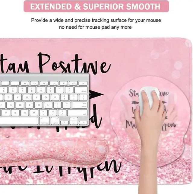 Alt view image 12 of 14 - 4-in-1 Gaming Mouse Pad Wrist Support SetDesk Pad + Mouse Pad with Wrist Rest + Keyboard Wrist Rest + Coaster, Ergonomic Design for Home Office Study Game - Pink Stay Positive