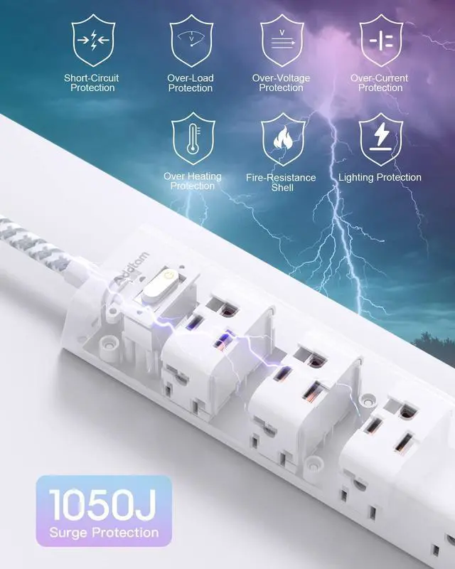 Alt view image 11 of 14 - Surge Protector Power Strip - 10 FT Extension Cord, Power Strip with 12 Widely AC Outlet 3 USB, Flat Plug, Wall Mount Overload Protection, 1050J, Desk Charging Station for Home Office, ETL Listed
