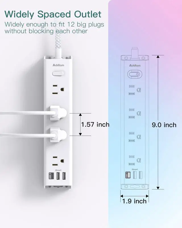 Alt view image 14 of 14 - Surge Protector Power Strip - 10 FT Extension Cord, Power Strip with 12 Widely AC Outlet 3 USB, Flat Plug, Wall Mount Overload Protection, 1050J, Desk Charging Station for Home Office, ETL Listed