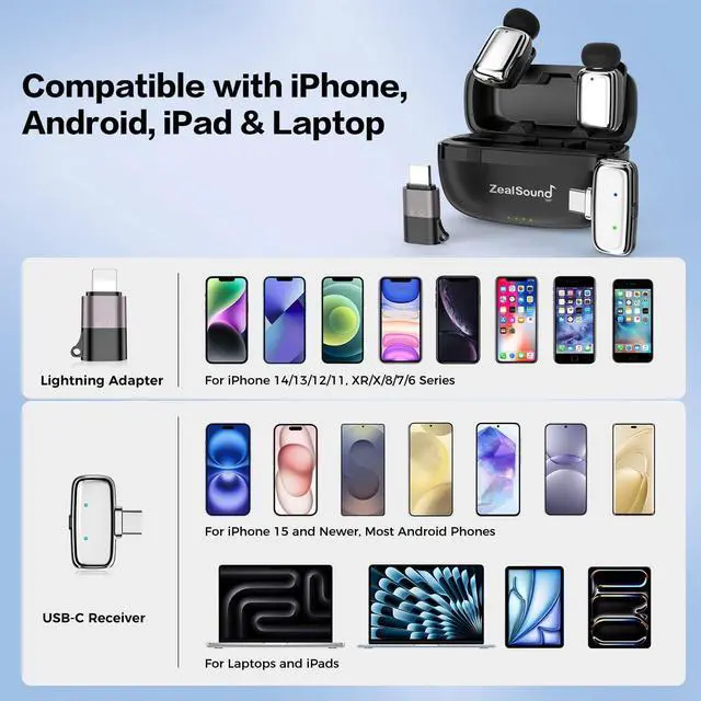 Alt view image 14 of 14 - Mini Microphone, Wireless Lavalier Mic for iPhone/iPad/Android, USB-C/Lightning, Noise Reduction, 33H Battery with Charging Case for Content Creators, TikTok & YouTube Videos - Chrome Silver