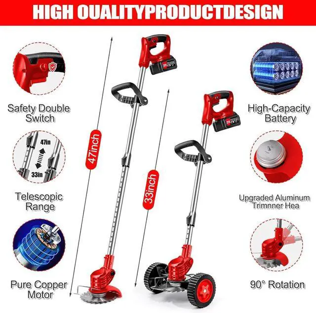 Alt view image 14 of 14 - Cordless Weed Wacker Electric Grass Trimmer 21V Battery Powered Weed Trimmer, 3-in-1 Brush Cutter Weed Cutter Lawn Edger with 3 Types Blade & Wheels Lightweight for Garden and Yard Lawn