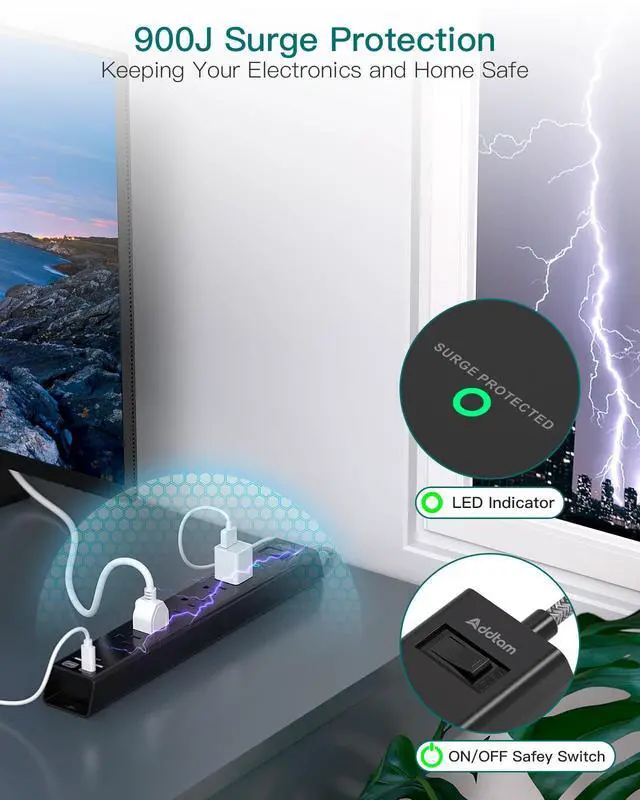 Alt view image 12 of 14 - Surge Protector Power Strip - Extension Cord with 6 AC Outlets 4 USB (2 USB-C Ports), 1875W/15A, Flat Plug with Overload Surge Protection, Outlet Extender for Home Office Dorm Room Essentials
