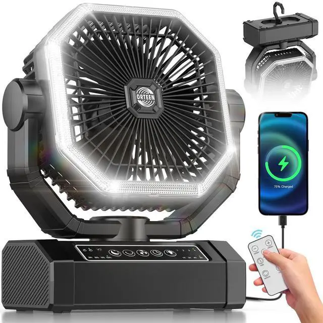 Alt view image 7 of 12 - Portable Rechargeable Fan - 9-Inch Camping Fan for Tent, 24000mAh(60Hrs) Battery Operated Fan for Camping, Auto Oscillation Cordless Fans, Tent Fans with Remote/Light, 4 Speeds, 4 Timing, Outdoor