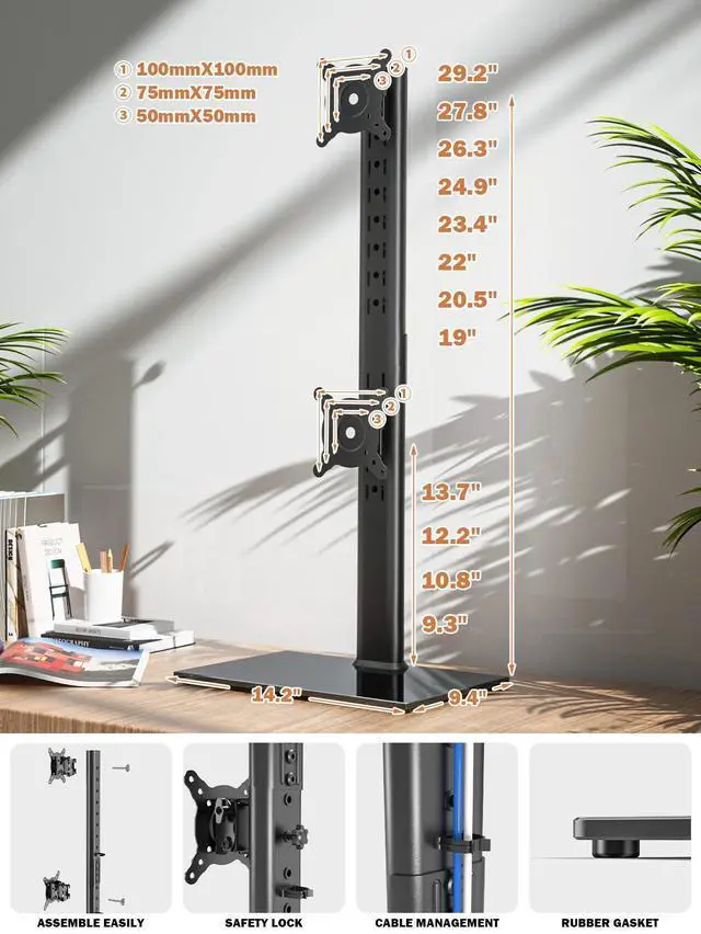 Alt view image 12 of 14 - Dual Monitor Stand - Vertical Stack Screen Free-Standing Monitor Riser Fits Two 13 to 34 Inch Screen with Swivel, Tilt, Height Adjustable, Holds One (1) Screen Up to 44Lbs