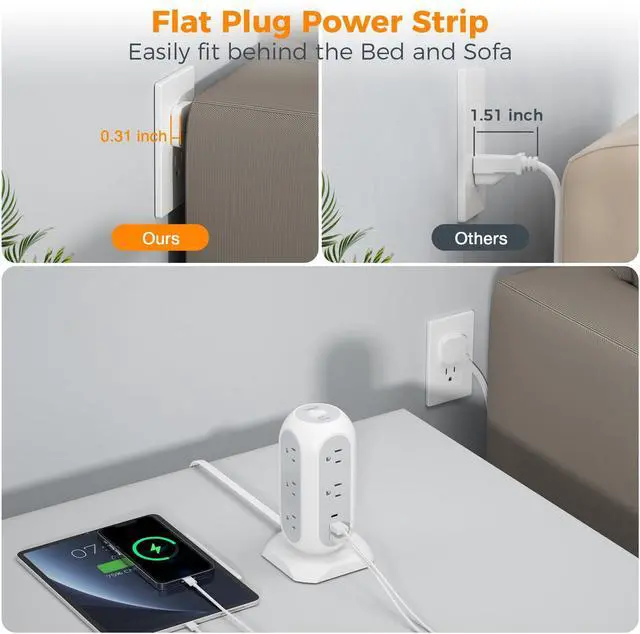 Alt view image 8 of 12 - Tower Power Strip Flat Plug with 11 Outlets 3 USB (1 USB C), Surge Protector Tower 1625W/13A,1050J Protection, 6 Feet Extension Cord with Multiple Outlets, Office Desk Supplies, Dorm Essentials