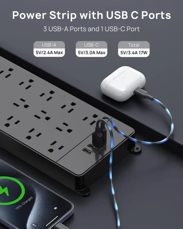 Alt view image 13 of 14 - Surge Protector Power Strip, 4000 Joules, ETL Listed, 13 Widely-Spaced Outlets Expansion with USB C Ports, Low-Profile Flat Plug, Wall Mountable, 5ft Extension Cord, 14AWG Heavy Duty, Black