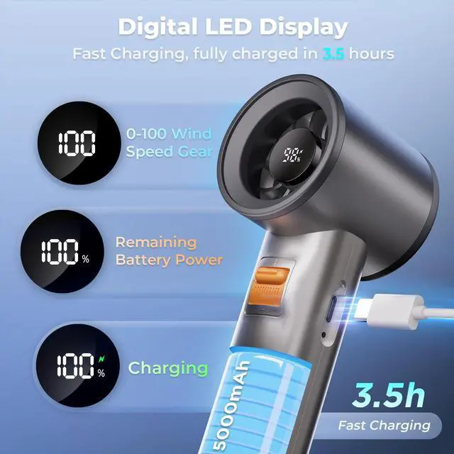 Alt view image 12 of 14 - Portable Handheld Turbo Fan for Outdoor - 5000mah Mini Handheld Personal Pocket Fan for Powerful Airflow Wind - 20hrs,100 Speeds Adjustable - Digital Display,Gifts for Travel,Outdoor Activites,Camping