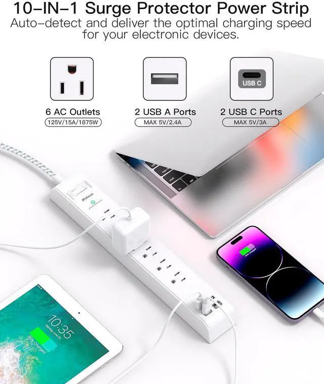 Alt view image 9 of 14 - Surge Protector Power Strip 10 ft with 4 USB Ports 2 USB-C 6 AC Outlets, Flat Plug Extension Cord, USB Charging Station, Wall Mountable for Home, Office, Dorm Essentials, 1080J, ETL Listed
