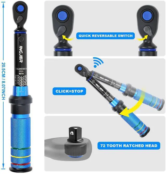 Alt view image 9 of 14 - Torque Wrench, UPGRADE Mini 1/4" Drive Click Torque Wrench,20-240in.lb,Dual-Direction Adjustable 72 Tooth Click 1/4 InchTorque Wrench Bicycle for Bike, Motorcycle,Professionals & DIYers