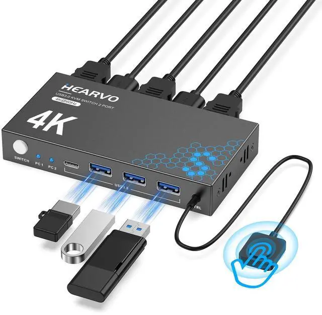 Alt view image 8 of 14 - USB 3.0 HDMI KVM Switch 1 Monitors 2 Computers, 4K@60Hz KVM Switches for 2 Computers Sharing Monitor Keyboard Mouse Hard Drives Printer, with EDID Adaptive, 2USB Cable and Controller -S7232H