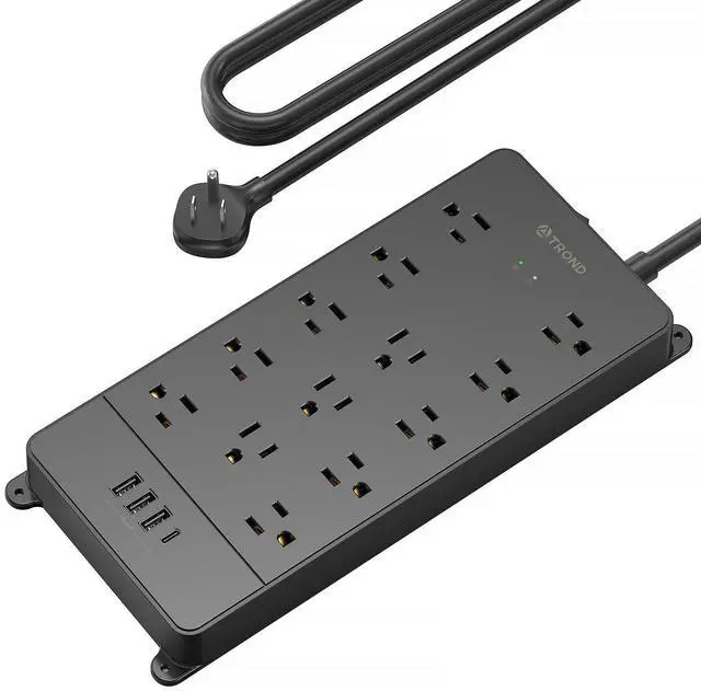 Alt view image 8 of 14 - Surge Protector Power Strip, 4000 Joules, ETL Listed, 13 Widely-Spaced Outlets Expansion with USB C Ports, Low-Profile Flat Plug, Wall Mountable, 5ft Extension Cord, 14AWG Heavy Duty, Black