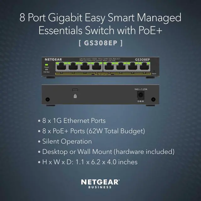 Alt view image 8 of 12 - 8 Port PoE Gigabit Ethernet Easy Smart Managed Essentials Switch (GS308EP) - with 8 x PoE+ @ 62W, Desktop or Wall Mount