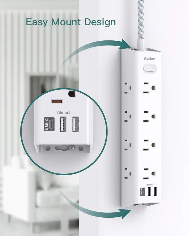Alt view image 12 of 14 - Surge Protector Power Strip - 10 FT Extension Cord, Power Strip with 12 Widely AC Outlet 3 USB, Flat Plug, Wall Mount Overload Protection, 1050J, Desk Charging Station for Home Office, ETL Listed