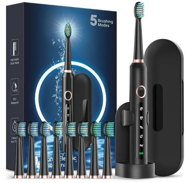 Alt view image 8 of 14 - Electric Toothbrush for Adults, 8 Brush Heads & Travel Case,5 Modes with 2 Minutes Built in Smart Timer, One Charge for 120 Days, 41000 VPM Motor (Black)