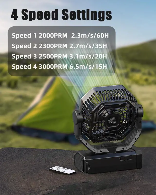 Alt view image 8 of 12 - Portable Rechargeable Fan - 9-Inch Camping Fan for Tent, 24000mAh(60Hrs) Battery Operated Fan for Camping, Auto Oscillation Cordless Fans, Tent Fans with Remote/Light, 4 Speeds, 4 Timing, Outdoor