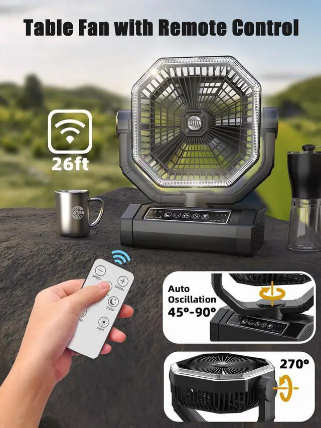 Alt view image 9 of 12 - Portable Rechargeable Fan - 9-Inch Camping Fan for Tent, 24000mAh(60Hrs) Battery Operated Fan for Camping, Auto Oscillation Cordless Fans, Tent Fans with Remote/Light, 4 Speeds, 4 Timing, Outdoor