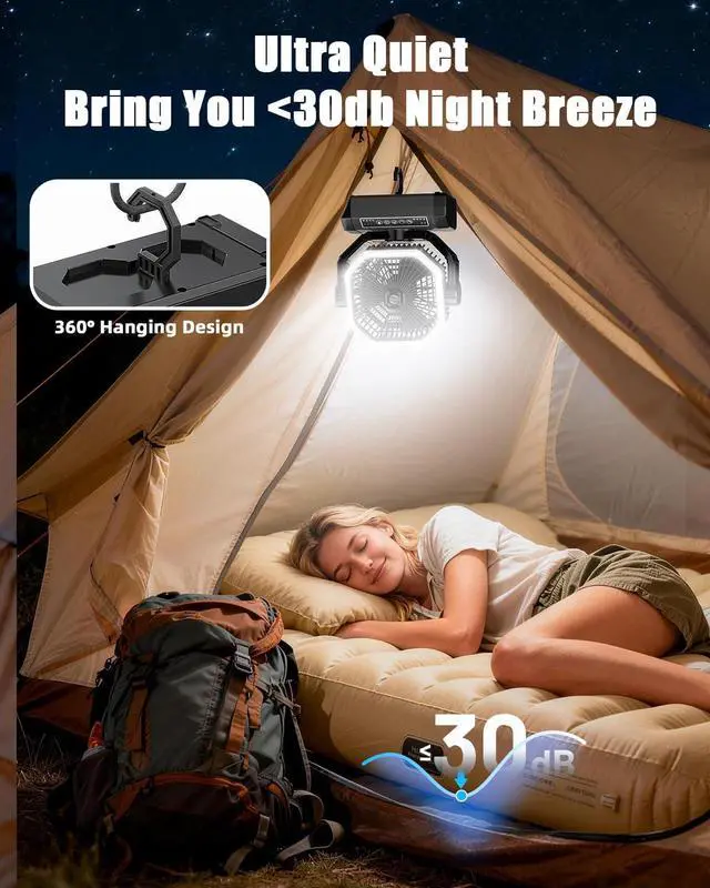 Alt view image 11 of 12 - Portable Rechargeable Fan - 9-Inch Camping Fan for Tent, 24000mAh(60Hrs) Battery Operated Fan for Camping, Auto Oscillation Cordless Fans, Tent Fans with Remote/Light, 4 Speeds, 4 Timing, Outdoor