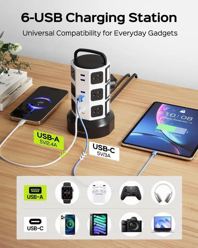 Alt view image 12 of 14 - Power Strip Tower Surge Protector, 12 Outlets 6 USB (2 USB C) Charging Station, Extension Cord with Multiple Outlets, 1050J 1625W/13A Outlet Extender 6.5ft Extension Cord for Home Office