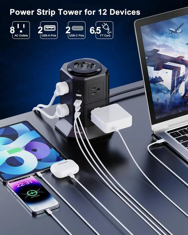 Alt view image 9 of 14 - Surge Protector Power Strip Tower with 8 AC Outlets 4 USB Ports(2 Type C), 6.5 FT Ultra Flat Extension Cord, Flat Plug Power Strips Tower with Surge Protection for Home, Office, Dorm