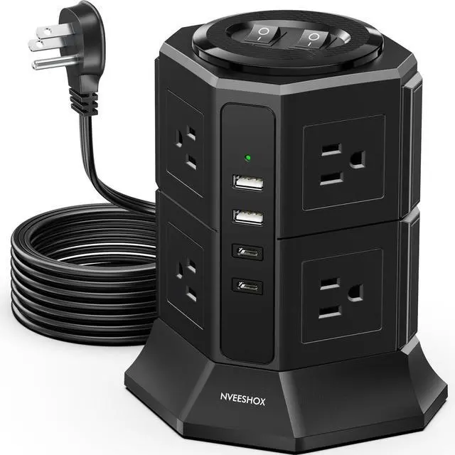 Alt view image 8 of 14 - Surge Protector Power Strip Tower with 8 AC Outlets 4 USB Ports(2 Type C), 6.5 FT Ultra Flat Extension Cord, Flat Plug Power Strips Tower with Surge Protection for Home, Office, Dorm