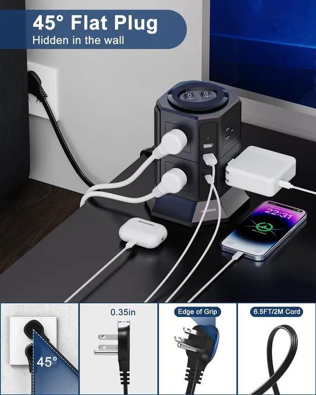 Alt view image 10 of 14 - Surge Protector Power Strip Tower with 8 AC Outlets 4 USB Ports(2 Type C), 6.5 FT Ultra Flat Extension Cord, Flat Plug Power Strips Tower with Surge Protection for Home, Office, Dorm