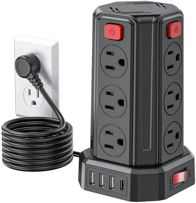Alt view image 8 of 14 - Power Strip Surge Protector, 6.5 Ft Extension Cord with 12 AC Multiple Outlets 4 USB (1 USB C), Power Tower Desktop Charging Station (Black, 6.5 Ft)