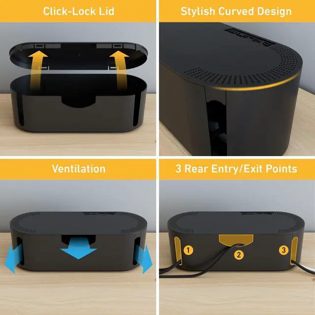 Alt view image 12 of 14 - Cable Management Box, Power Strip Holder, Floor Outlet Hiders, Desk Cord Organizer, Cover TV Wires, Wire Storage, Extension Hider, Office Concealer for Cords, Baby Proof Cables - Large, Black