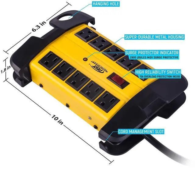 Alt view image 10 of 14 - 10-Outlets Heavy Duty Power Strip Metal Surge Protector with 15 Amps, 15-Foot Power Cord 2800 Joules for Garden, Kitchen, Office, School, ETL Listed(3165047) (10-Outlet, Yellow)