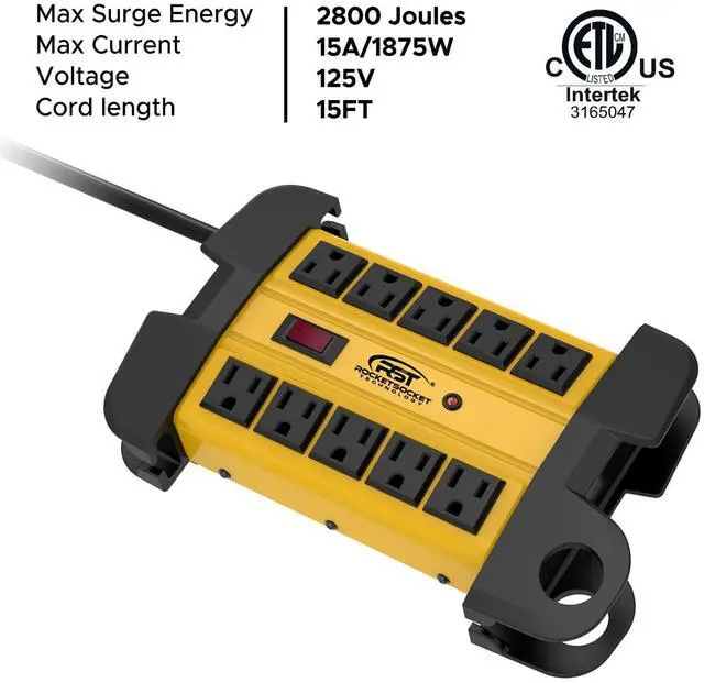 Alt view image 9 of 14 - 10-Outlets Heavy Duty Power Strip Metal Surge Protector with 15 Amps, 15-Foot Power Cord 2800 Joules for Garden, Kitchen, Office, School, ETL Listed(3165047) (10-Outlet, Yellow)
