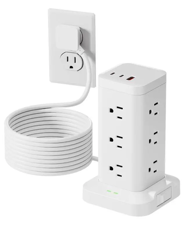 Alt view image 8 of 14 - Power Strip Tower with Surge Protector 1800J, Fast Charging Tower PD20W USB-C Ports with 12 AC Outlets, 10ft Extension Cord for Home Office Dorm Room, White