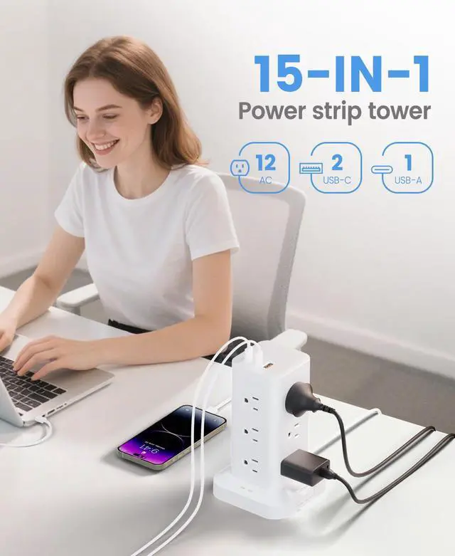 Alt view image 9 of 14 - Power Strip Tower with Surge Protector 1800J, Fast Charging Tower PD20W USB-C Ports with 12 AC Outlets, 10ft Extension Cord for Home Office Dorm Room, White