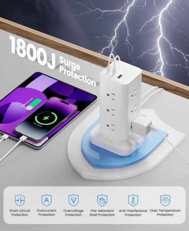 Alt view image 11 of 14 - Power Strip Tower with Surge Protector 1800J, Fast Charging Tower PD20W USB-C Ports with 12 AC Outlets, 10ft Extension Cord for Home Office Dorm Room, White