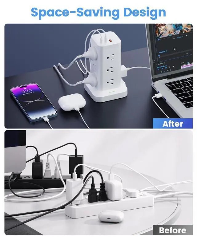 Alt view image 13 of 14 - Power Strip Tower with Surge Protector 1800J, Fast Charging Tower PD20W USB-C Ports with 12 AC Outlets, 10ft Extension Cord for Home Office Dorm Room, White