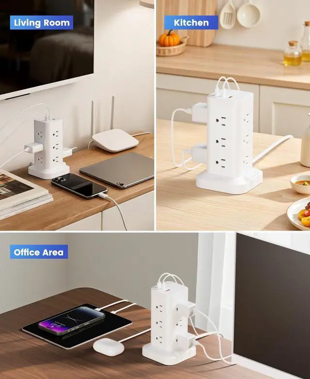 Alt view image 14 of 14 - Power Strip Tower with Surge Protector 1800J, Fast Charging Tower PD20W USB-C Ports with 12 AC Outlets, 10ft Extension Cord for Home Office Dorm Room, White