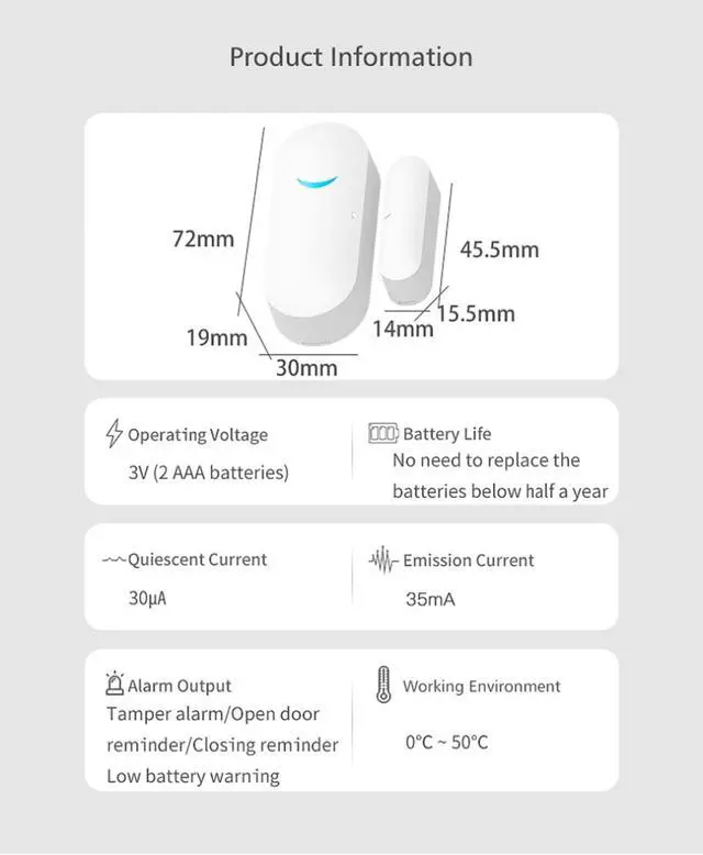Alt view image 14 of 14 - WiFi Wireless Door Window Sensor,TUYA Smart Alarm with Free Notification APP Control Home Security Alarm System, Compatible with Alexa, Google Home, Siri (1-Pack)