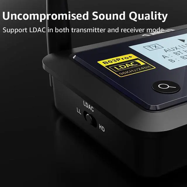 Alt view image 9 of 14 - B03Pro+ Bluetooth 5.3 Transmitter Receiver Certified LDAC for TV Home Stereo, Long Range Bluetooth Extender Wireless Audio Adapter with Screen, Optical RCA AUX 3.5mm Outputs/Inputs