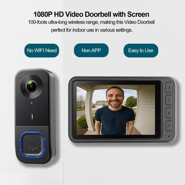 Alt view image 9 of 14 - Video Doorbell Wireless with Screen 1080p, No Subscription Door Bell Camera with Monitor Screen, Local Storage NO WiFi and APP Needed, Video Intercom Two-Way Audio,160° View,Night Vision