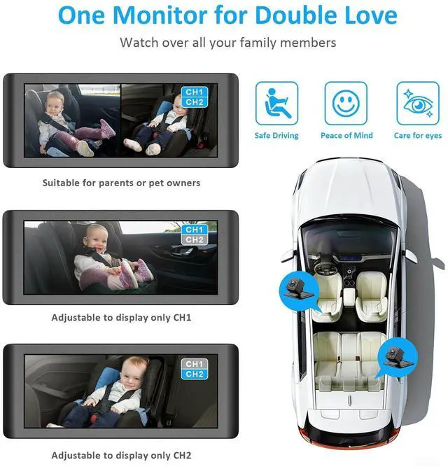 Alt view image 10 of 14 - Baby Car Camera for 2 Kids, 6.86" 1080P HD Split Screen Baby Monitor with Dual Backseat Cameras and IR Night Vision, Crystal Clear Wide View Baby Car Mirror for Rear Seat Safety (Not USB)