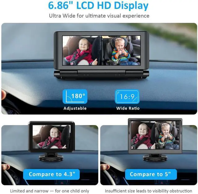 Alt view image 9 of 14 - Baby Car Camera for 2 Kids, 6.86" 1080P HD Split Screen Baby Monitor with Dual Backseat Cameras and IR Night Vision, Crystal Clear Wide View Baby Car Mirror for Rear Seat Safety (Not USB)