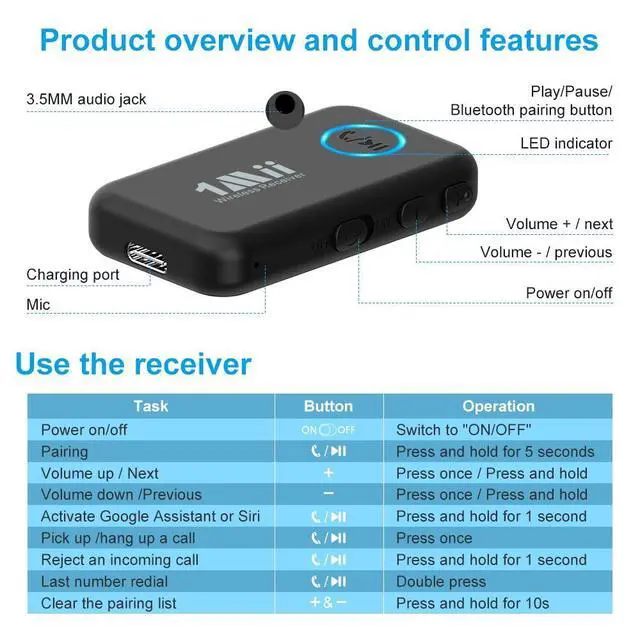 Alt view image 14 of 14 - Bluetooth 5.3 Music Receiver for Car/Home Stereo, Aux Bluetooth Adapter for Car with Volume Control Supports Hands Free Calls, 16H Battery Life