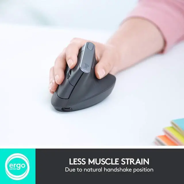 Alt view image 9 of 14 - MX Vertical Wireless Mouse Ergonomic Design Reduces Muscle Strain, Move Content Between 3 Windows and Apple Computers, Rechargeable, Graphite