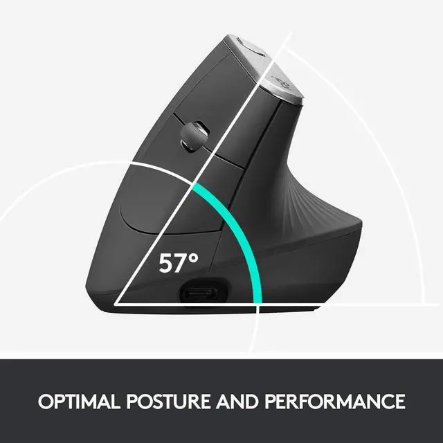 Alt view image 10 of 14 - MX Vertical Wireless Mouse Ergonomic Design Reduces Muscle Strain, Move Content Between 3 Windows and Apple Computers, Rechargeable, Graphite
