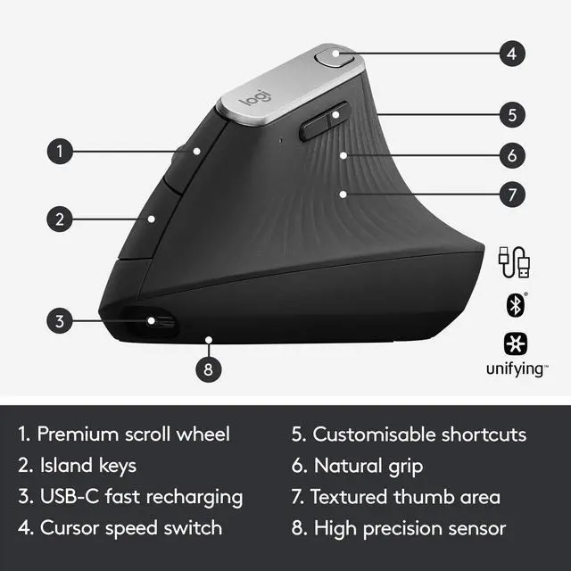 Alt view image 13 of 14 - MX Vertical Wireless Mouse Ergonomic Design Reduces Muscle Strain, Move Content Between 3 Windows and Apple Computers, Rechargeable, Graphite